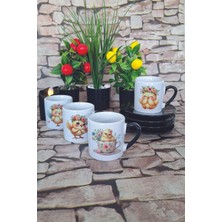 Sevimli Civcivler Baskılı Siyah 4'lü Porselen Türk Kahvesi Fincan Takımı