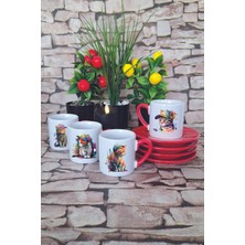 Suluboya Temalı Yaramaz Kediler Baskılı Kırmızı 4'lü Porselen Türk Kahvesi Fincan Takımı