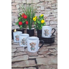 Dört Mevsim Sevimli Ayıcıklar Baskılı Siyah 4'lü Porselen Türk Kahvesi Fincan Takımı