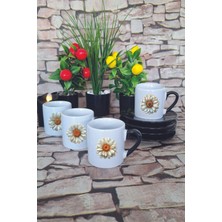 Papatya Baskılı Siyah 4'lü Porselen Türk Kahvesi Fincan Takımı