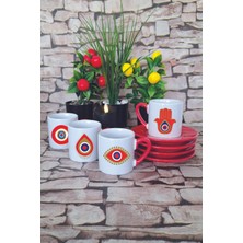 Nazar Boncuğu Desenli Baskılı Kırmızı 4'lü Porselen Türk Kahvesi Fincan Takımı