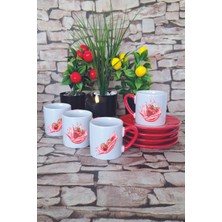 Çilek Temalı Baskılı Kırmızı 4'lü Porselen Türk Kahvesi Fincan Takımı