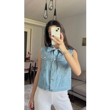 Mavi Pul Detaylı Kolsuz Kot Yelek
