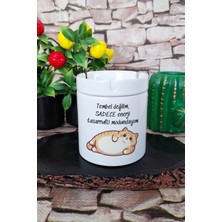 Tembel Değilim Tasarruf Modundayım Kedi Komik Hediyelik Baskılı Seramik Kapaklı Kokusuz Küllük