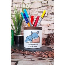 Iç Istemem Çalışmak Sevimli Kedi Eğlenceli Komik Hediyelik Baskılı Seramik Kalemlik