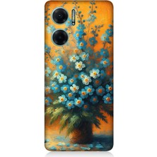 Xiaomi Redmi Note 11E Uyumlu Turuncuda Mavi Çiçekler  Desenli Silikon Kılıf