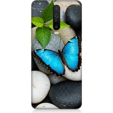 Xiaomi Redmi K30 Uyumlu Mavilikte Taş Üzerinde Kelebek  Desenli Silikon Kılıf