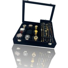 Siyah Süet 9'lu Takı Kutusu, Bileklik, Saat, Tesbih Saklama Kutusu