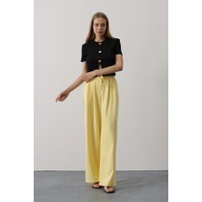 Pileli Bağcıklı Oversize Pantolon - Sarı