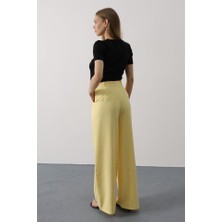 Pileli Bağcıklı Oversize Pantolon - Sarı