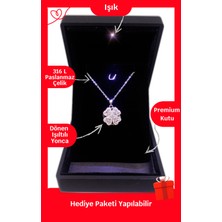 Işıklı Premium Kutuda | Dönen Yonca Gümüş Renk Çelik Kolye | 316L Çelik - Kararmaz | Hediye Paketi