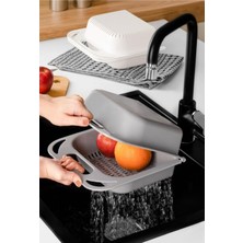 Gri Çok Fonksiyonlu Ayarlanabilir Sebze Meyve Yıkama Sepeti Lavabo Süzgeci-Kesim Panosu