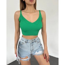 V Yaka Askılı Crop Triko Büstiyer