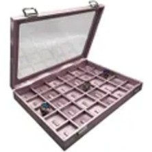 Pembe Deri Kumaş Çerçeveli Bölmeli Yüzük Tablası 34X24 cm