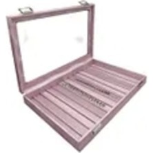 Pembe Deri Kumaş Bölmeli Cam Kapaklı Takı Kutusu 34X24 cm