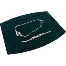 Yeşil Süet Takı Seti, Kolye, Küpe, Yüzük, Sunum Tablası