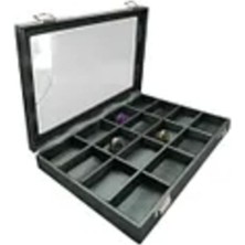 Yeşil Deri Kumaş Cam Kapaklı Takı Standı, 34X24 Cm, Bölmeli ve Şık Tasarım