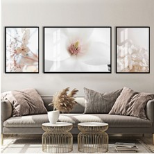 Harikabirev|soft Beyaz Çiçek Kombini (Manolya) |çerçeveli Temperli Cam Tablo 3lü Yatay