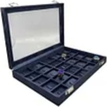 Lacivert Deri Kumaş Bölmeli Cam Kapaklı Tırnaklı Yüzük Tablası 34X24 cm