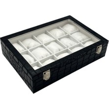 Şık Siyah Deri Kapaklı Saat Kutusu, 15'li Damalı Organizer