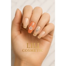 Lili Cosmetic Lüx Taşlı 5d Çiçekli Gold Çizgili Beyaz Uçlu Küt Seri Takma Tırnak Kendinden Yapışkanlı 12'li