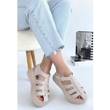 Kemerli Ortopedik Sandalet Cilt Bej Topuk Boyu 5 cm
