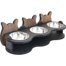 Siyah Çelik Kaseli Ahşap 3'lü Kedi Mama ve Su Kabı Seti