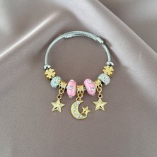 Taşlı Pembe Ay Yıldız Charm Bileklik