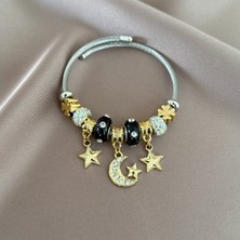 Taşlı Siyah Ay Yıldız Charm Bileklik