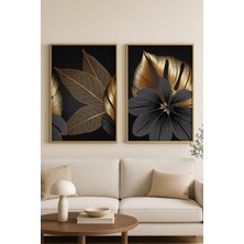 Altın Yapraklar - Gerçek Cama Baskı Gold Alüminyum Metal Çerçeveli 2'li Modern Tablo