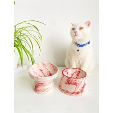 Kırmızı ve Beyaz Seramik Kedi Köpek Mama ve Su Kabı, 2'li Set