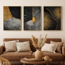 Yüzeye Dokunuş - Gerçek Cama Baskı Gold Alüminyum Metal Çerçeveli 3'lü Modern Tablo