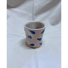 Arche Ceramic El Yapmı Seramik Kupa - Parmak Izli Espresso Bardağı - Balık Desenli - 100 ml - Tekli