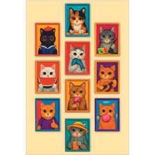 Renkli Kedi Temalı 12 Parçalı Mdf Tablo Seti, Şık ve Canlı Dekoratif Ürün.