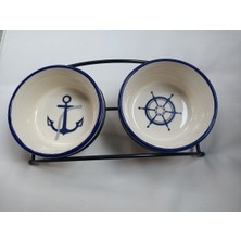 Ikili Seramik Mama Kabı, Metal Ayaklı, Marin Model, 500 ml Hediye Set