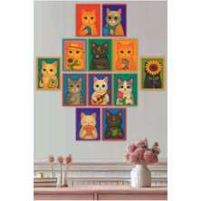 Renkli Kedi Temalı Mdf Tablo Seti, 12 Parça, Çerçeveli Dekorasyon Hediye