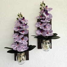 Mor Orkide Çiçekli LED Işıklı Duvar Dekoru, Ceviz Renk, Iki Parça Set