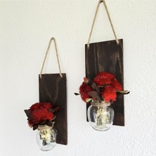 LED Işıklı, Kırmızı Deniz Yosunu Çiçekli Duvar Dekoru, Ceviz Renk, Iki Parça Set