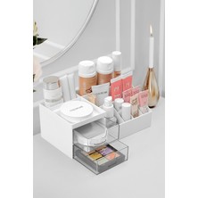 About The Perfect 3 Katlı ve 2 Çekmeceli Şeffaf Ofis ve Makyaj Düzenleyici, Beyaz, Şık ve Kullanışlı