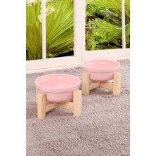 Ahşap Standlı Seramik Kedi Köpek Mama ve Su Kabı Çiftli Set, Pembe