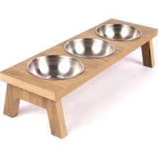 Üçlü Ahşap ve Metal Mama Su Kabı Seti, Krem Renkli, Demonte Tasarım