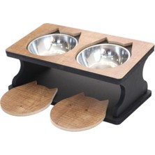 Gri Çelik Kaseli Ahşap Kedi Mama ve Su Kabı, Şık ve Kullanışlı Tasarım