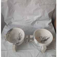 Mermer Desenli Porselen Mama ve Su Kabı, 2'li Set, Şık ve Dayanıklı Tasarım