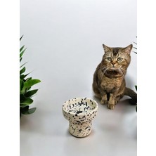 Yüksek Seramik Mama ve Su Kabı, Dökülmeyen, El Yapımı, Mavi