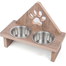 Ahşap Demonte Evcil Hayvan Mama ve Su Kabı Seti, Kahverengi, Çelik ve Metal Ayrıntılar