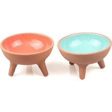 Iki Adet Mavi Seramik Kedi Mama Kabı, Ayaklı ve Sırlı Tasarım