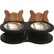Şık Siyah Çelik Kaseli Ahşap Kedi Mama ve Su Kabı