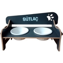 Seramik Kaseli, Kademeli ve Eğimli Ahşap Kedi-Köpek Mama Su Kabı Standı 2X400 ml