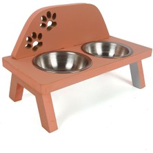 Pati Desenli Paslanmaz Çelik ve Ahşap Mama Su Kabı, Pembe Renk