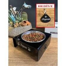 Siyah Metal Pleksi Kedi ve Köpek Mama Su Kabı Isme Özel Künye Hediyeli